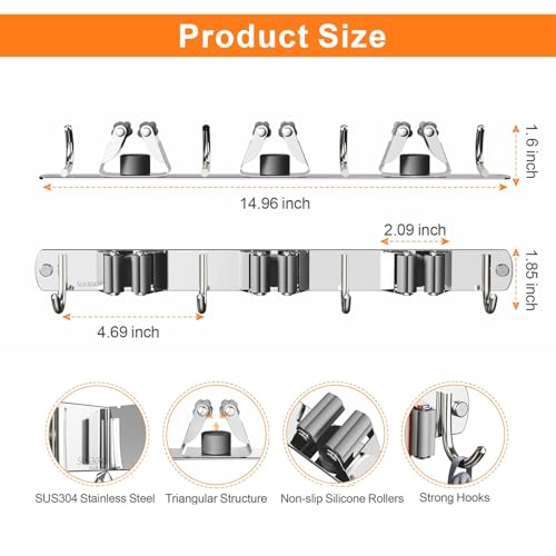 2 Pack Mop and Broom Holder Wall Mount for Kitchen Garden Garage Laundry - color: Silver, size: 2 Pack 3 Racks with 4 Hooks