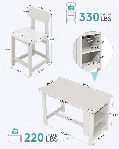SERWALL 3-Piece Outdoor HDPE Counter-Height Bar Set with Rack, White - color: White, size: 3 Piece Bar Set