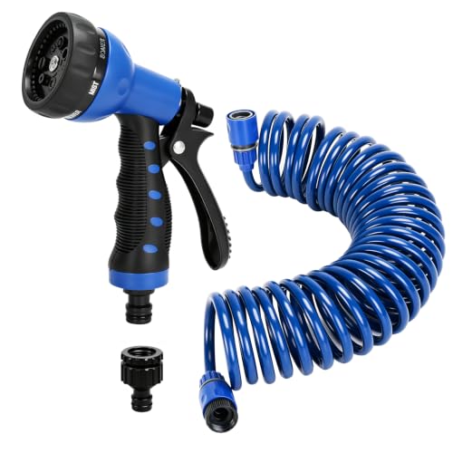 Recoil Garden Hose 25FT EVA Water Hose with 7-Pattern Spray Nozzle,Curly Self Coiling Lightweight Garden Hose,Retractable Drinking Water Safe Garden Coil Hose for Lawn Patio (blue)