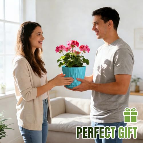 8 Inch Plant Pots 4 Pack Plastic Planters with Drainage & Saucers - color: Blue