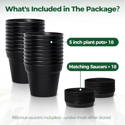 T4U Small Plant Pots 5 Inch 18 Pack, Plastic Flower Pots with Saucer Black - color: Black, size: 5 In