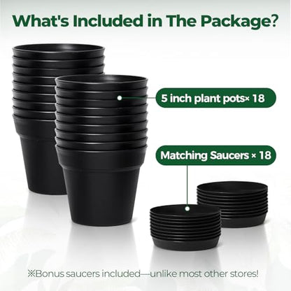 T4U Small Plant Pots 5 Inch 18 Pack, Plastic Flower Pots with Saucer Black - color: Black, size: 5 In