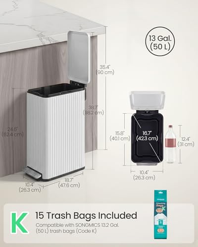 SONGMICS Trash Can, 13 Gallon (50 L) Slim, Stainless Steel, with Lid, Pedal - color: Cloud White, size: 13 Gallon (Slim)