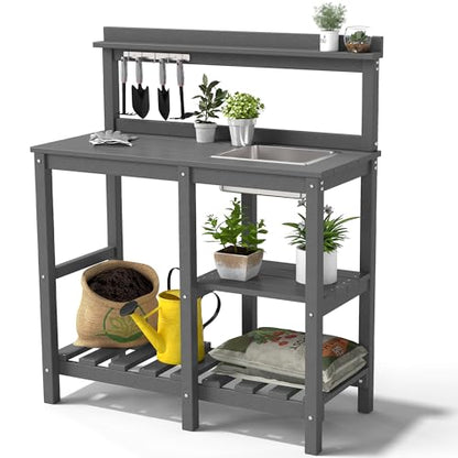 FOOWIN Potting Bench, HDPE Outdoor Potting Table with Sink, All-Weather Potting Benches for Outside, Gardening Table with Storage Shelf, Hook, for Garden, Patio, Lawns, Grey