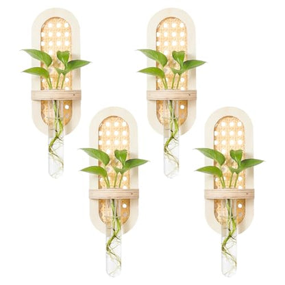 4 Pcs Wooden Rattan Wall Propagation Vases 8 Inch Wood Wall Vase Set Natural Boho Hanging Plant Flower Display for Hydroponics Plants Home Office Living Room Decor