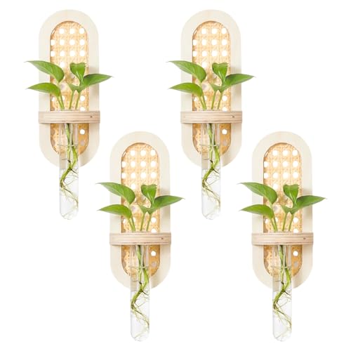 4 Pcs Wooden Rattan Wall Propagation Vases 8 Inch Wood Wall Vase Set Natural Boho Hanging Plant Flower Display for Hydroponics Plants Home Office Living Room Decor