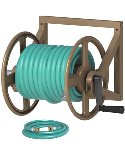 Artigarden Garden Hose Reel Wall Mounted, Outdoor Heavy Duty Powder Coated Metal Water Hoses Holder Winder Holds 125 ft 5/8" Hoses with 3.9ft Leader Hose, Stainless Steel Connector for Outside, Brown - color: Brown