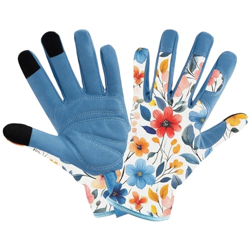 Gardening Gloves for Women, Touchscreen Printed Thorn-Proof - color: Blue 1, size: Large