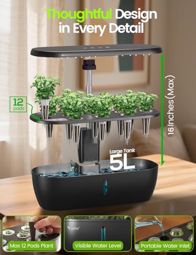 LETPOT LPH-Lite Hydroponics Growing System, 12 Pods Smart Herb Garden Kit Indoor, Indoor Garden, APP & WiFi Controlled, with 24W Growing LED, 5.5L Water Tank, Pump System, Automatic Timer - size: 12 Pods-Black