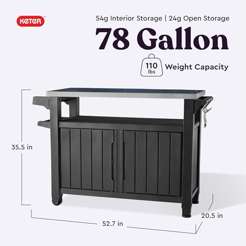 Keter Unity XL Portable Outdoor Table with Stainless Steel Top for Kitchen Prep and Outdoor Storage Cabinet for Grilling Accessories, Dark Grey - color: Dark Grey