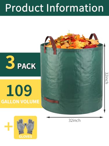 3 Pack 109Gal Tear-Resistant Reusable Yard Waste Bags with Gloves