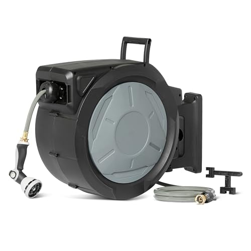Amazon Basics Retractable Garden Hose Reel, 130 Foot, Wall Mounted, 10-Pattern Spray Nozzle, 180° Swivel Bracket - size: 130ft