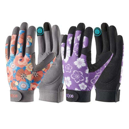 COOLJOB Medium Size Thorn Proof Garden Gloves Set for Women, Purple and Orange, 2 Pairs
