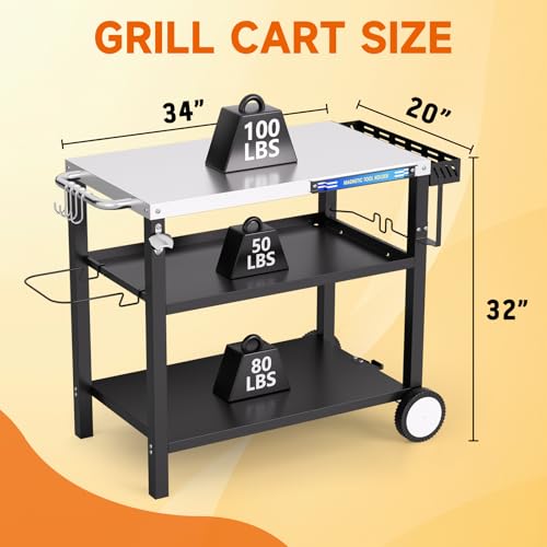 Grill Table, Stainless Steel Grill Cart with Three-Shelf, Movable Pizza Oven Table with Side Tray ＆ Trash Bag Holder, Outdoor Grill Stand with Hooks for Food Prep, Outside Tailgating, Camping - color: Stainless