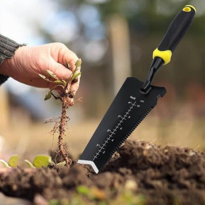 Heavy-Duty Yellow Garden Trowel. Serrated Root Cutter.