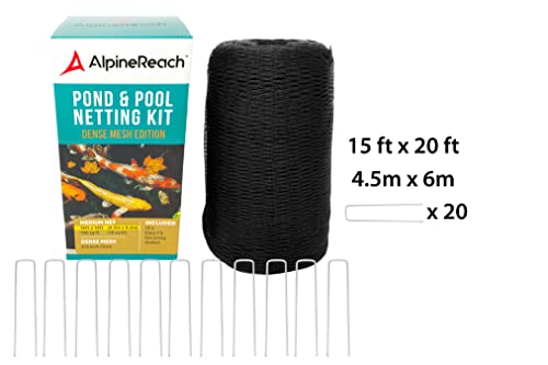 AlpineReach Pond Netting Kit 15 x 20 Feet & 20 Steel Staples - Woven Fine Mesh Heavy Duty Stretch Net Cover for Leaves - Protects Koi Fish from Blue Heron Birds Cats Predators - Galvanized Stakes - color: Black, size: 15x20ft (20 Steel Staples Included)
