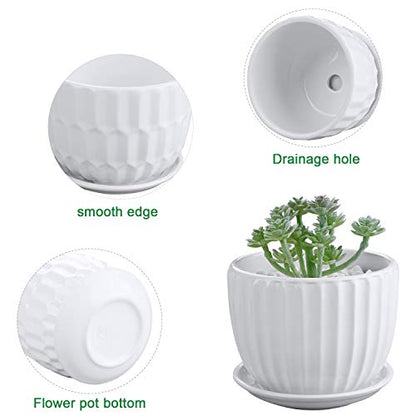 Flower Pots, 4 Inch Cylinder Ceramic Plant Pots with Connected Saucer, Mini Ceramic Planters for Succulent and Little Snake Plants (6 Pack, White)