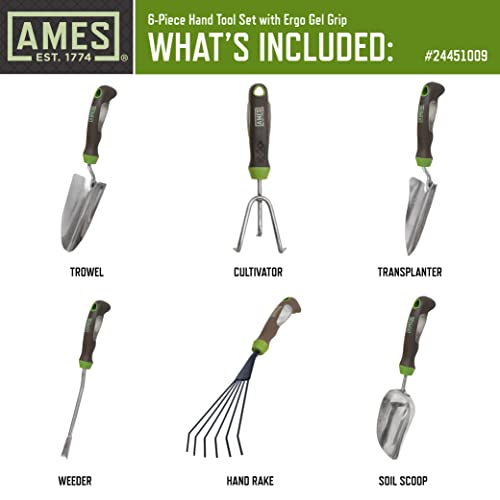 AMES 24451009 6-pc. Ergo Gel Grip Garden Tool Set with Hand Trowel, Weeder, Rake, Transplanter, Scoop & Cultivator - style: Trowel, Weeder, Rake, Transplanter, Scoop & Cultivator