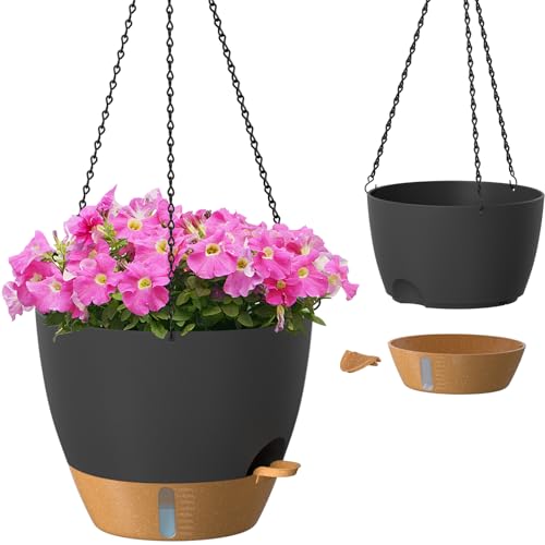 ZMTECH 12 Inch Hanging Planters for Indoor Outdoor Plants, 2 Pack Self Watering Hanging Plant Pots with Drainage Hole, Visual Reservoir, Plastic Flower Hanging Pots with Watering Lip (Black) - color: Black, size: 12 Inch - 2 pack
