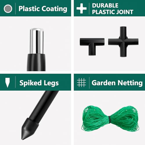 6 ft Tall, Garden Trellis for Climbing Plants Outdoor with Nylon Net for Cucumbers Vines Beans Raised Bed - Lightweight Metal, Black