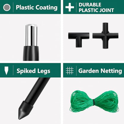 6 ft Tall, Garden Trellis for Climbing Plants Outdoor with Nylon Net for Cucumbers Vines Beans Raised Bed - Lightweight Metal, Black