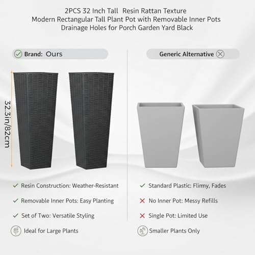 Tall Planter for Outdoor Plants Set of 2 | 32" Front Porch Planters Tall Resin Planters with Rattan Texture，Inner Pots Drainage Holes for Trees,Porch,Garden,Yard,Black