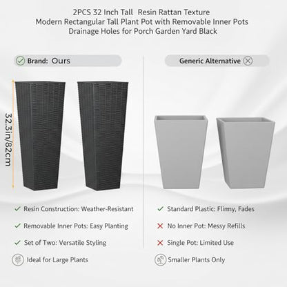 Tall Planter for Outdoor Plants Set of 2 | 32" Front Porch Planters Tall Resin Planters with Rattan Texture，Inner Pots Drainage Holes for Trees,Porch,Garden,Yard,Black
