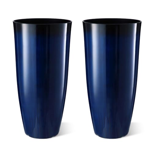 Glitzhome 30" H Tall Planters for Outdoor Plants, Set of 2 Plastic Large Outdoor Planters with Gradient Cobalt Blue Faux Ceramic Finish,Large Flower Pots with Drainage Holes for Front Porch Indoor - color: Gradient Cobalt Blue, size: 30" H