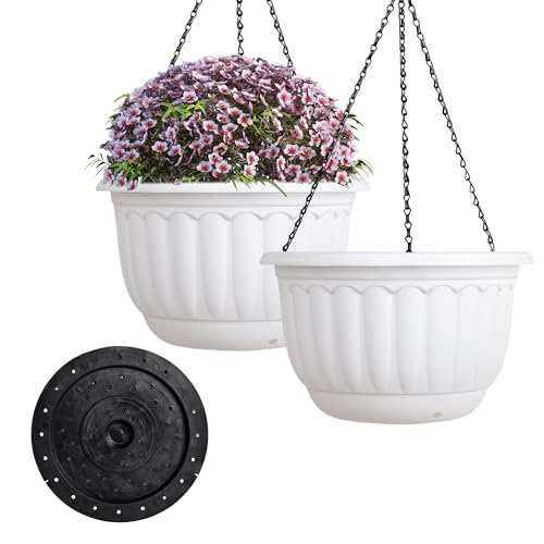YIKUSH 12 Inch Hanging Planters for Outdoor Plants, 2 Pack Plastic Hanging Flower Pots with Drainage Hole & Tray, Hanging Basket Style Pots for Porch Patio Balcony Decor (White) - color: White