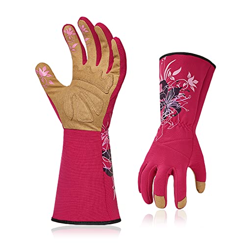 Vgo... 1-Pair Ladies' Synthetic Leather Gardening Gloves, Long Sleeves Gauntlet, Breathable & Grip Work Gloves, High Dexterity, Washable (Size S, Red, SL7445) - color: 1 Pair - Red, size: Women's Small