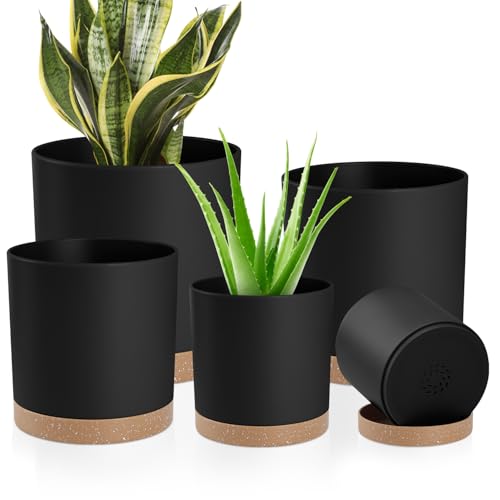 YNNICO Plant Pots with Drainage Holes and Saucers – 7, 6.5, 6, 5, 4 Inch Plastic Planters for Indoor Outdoor Plants, Modern Matte Finish, Lightweight & Durable（Black） - color: Black