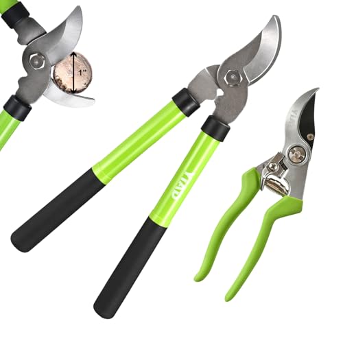 2Pcs High Carbon Steel Bypass Hand Loppers & SK5 Pruning Shears Set - style: handle loppers for gardening
