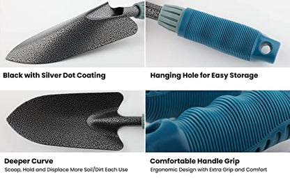 4 Piece Garden Tool Set Heavy Duty, Gardening Hand Tools Work No-Slip Grip Trowel Transplanter Weeder Hand Rake, Ergonomic Handle Indoor Outdoor