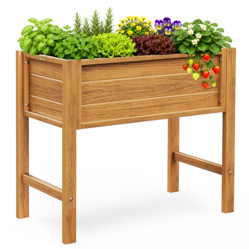 YEFU 34" Small Garden Planter, Wood-Look HIPS Compact Planter Box, Teak - color: Teak, size: 34"×18"×30"