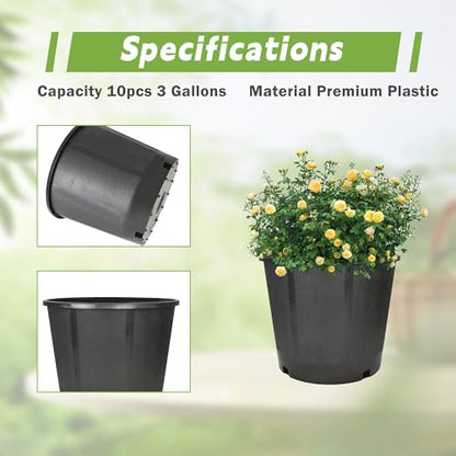 HOSTIC 3 Gallon Flexible Nursery Pots Gallon Pot with Drainage Holes Plastic Plant Container Suitable for Indoor Outdoor Vegetables Flowers Plants 10 PCS - size: Standard 3 Gallon