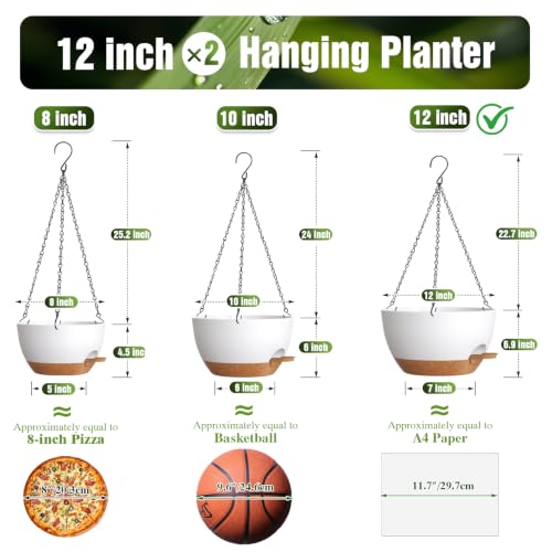12 Inch Large Self Watering Hanging Planters 2 Pack with Saucers - color: White Brown, size: 12 Inch 2 Pack