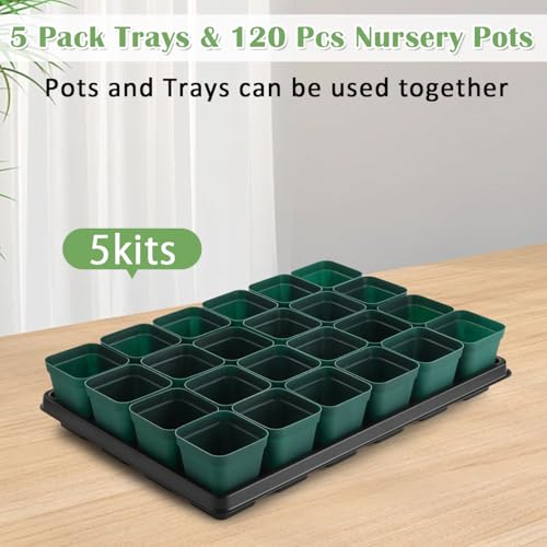 RooTrimmer 2.8 inch (7CM) Square Nursery Pots 120pcs (Green) and 24 Cell Nursery Pots Trays 5 Pack, Plastic Seedling Starter Tray with Drain Holes for Carrying and Holding Plant Pot(17"x11"x1.6") - color: Green, size: Pots 120 Pcs with 5 Pack Trays