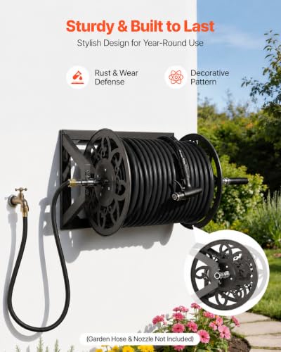 Wall Mounted Garden Hose Reel – Holds 200 ft 5/8" Hose, Heavy-Duty Steel Manual Winder, with Brass Connector, 5ft Leader, Decorative Pattern, Space Saver, Gray Finish, for Outdoor Gardens & Lawns.