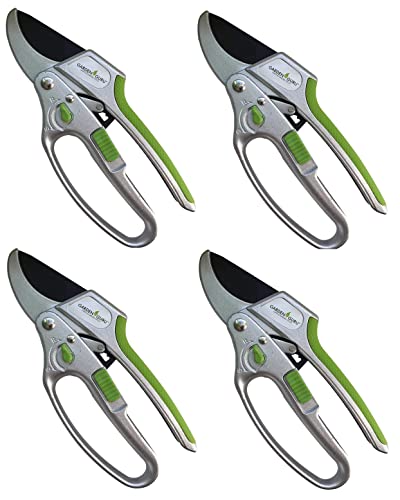 Garden Guru Ratchet Hand Pruning Shears - 2 in 1 Professional Garden Clippers with Ergonomic Grip - Makes Tough Cuts Easy (4 Pack) - size: 4 Pack, style: 2 in 1 Ratchet