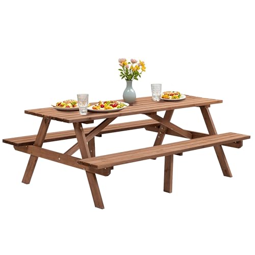 Outdoor Wooden Picnic Table with Benches and Umbrella Hole, Rustic Style Wood Picnic Table Bench Set for 6 or 8 Person for Backyard, Porch, Patio, and Deck, Brown - size: 8Person-Brown