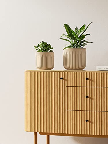 LE TAUCI Ceramic Pots for Plants, 8.3/7/6 Inch Indoor Planters with Drainage Holes & Mesh, Modern Glossy Glaze Cylinder Fluted Plant Pot for Snake Plant, Set of 3, Sand Beige - color: Sand Beige