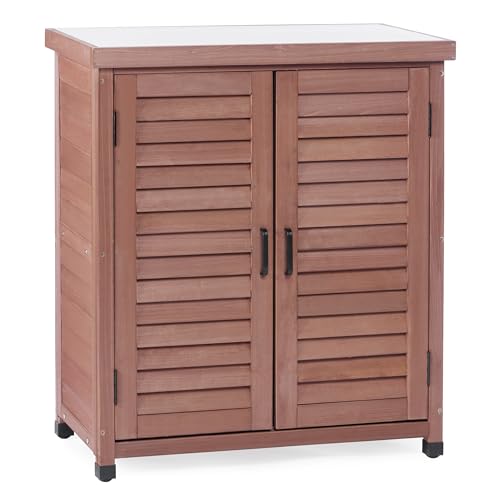 Outdoor Potting Bench with Storage Cabinet and Metal Top, Wood Workstation for Outdoor Patio, Garden (Dark Brown, 31x17x36‘’) - color: Dark Brown, size: 31x17x36"