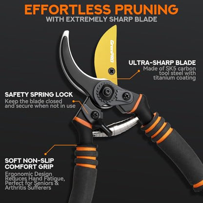 GRENPRO 8.6" Bypass Pruning Shears with SK5 Blades, 1.38" Cut Capacity - color: Black