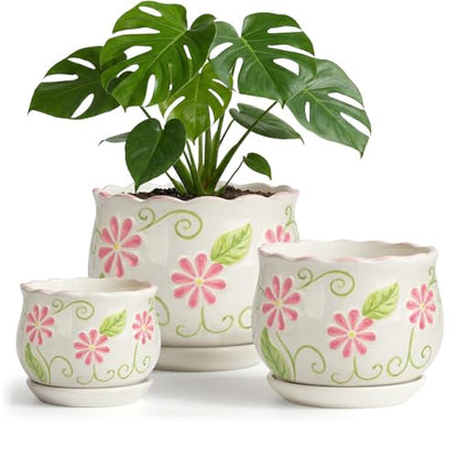 Pink Ceramic Flower Pots, 4+5.2+6.6 Inch Small Plant Pots for Indoor Plant - color: White99-hp