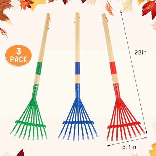 3Pcs Kids Rakes with Hardwood Handle - Metal Kids Leaves Rakes, 28" Child Size Lawn Rakes, Garden Tool Set for Kids Boys and Girls - color: Multicolor