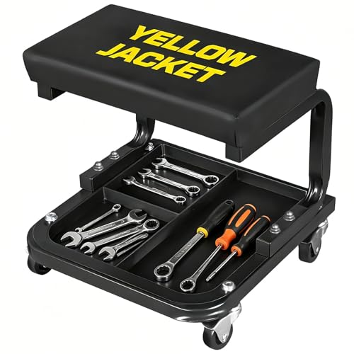 YELLOW JACKET Mechanic Rolling Stool 250 Lbs Capacity, Garage Stool on Wheels with Tool Tray Storage, Work Stools with Wheels for Garage, Shop, Mechanic Chair with Wheels, Auto Repair - size: Medium