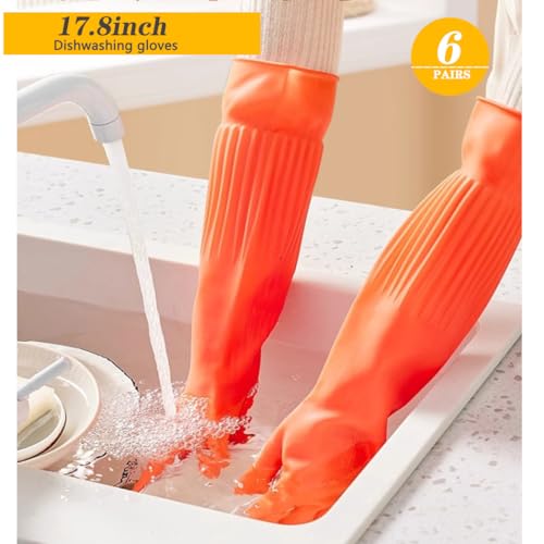 6-Pair 17.8-Inch Elbow - Length Reusable Rubber Waterproof Household Cleaning and Kitchen Dishwashing Gloves - size: Medium