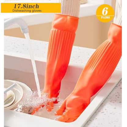 6-Pair 17.8-Inch Elbow - Length Reusable Rubber Waterproof Household Cleaning and Kitchen Dishwashing Gloves - size: Medium