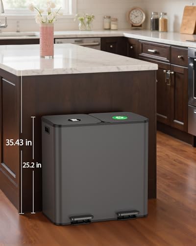 Lovewind Dual Trash and Recycling Bins for Kitchen, 2 * 11-Gallon Stainless Steel Double Trash Can, Step-On Garbage and Recycle Combo, Quiet Close, Pet-Proof, Compatible with 13-Gallon Bags, Grey - color: Gray, size: 2 x 11 Gallon