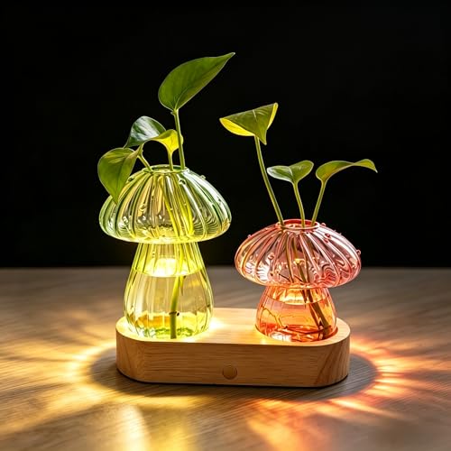 LED Mushroom Glass Propagation Vase with Wooden Base, Hydroponic Plant Holder, Ambient Night Light for Desk, Bedroom & Living Room, Cute Home Decor Gift for Plant Lovers - color: Mushroom Pink Green